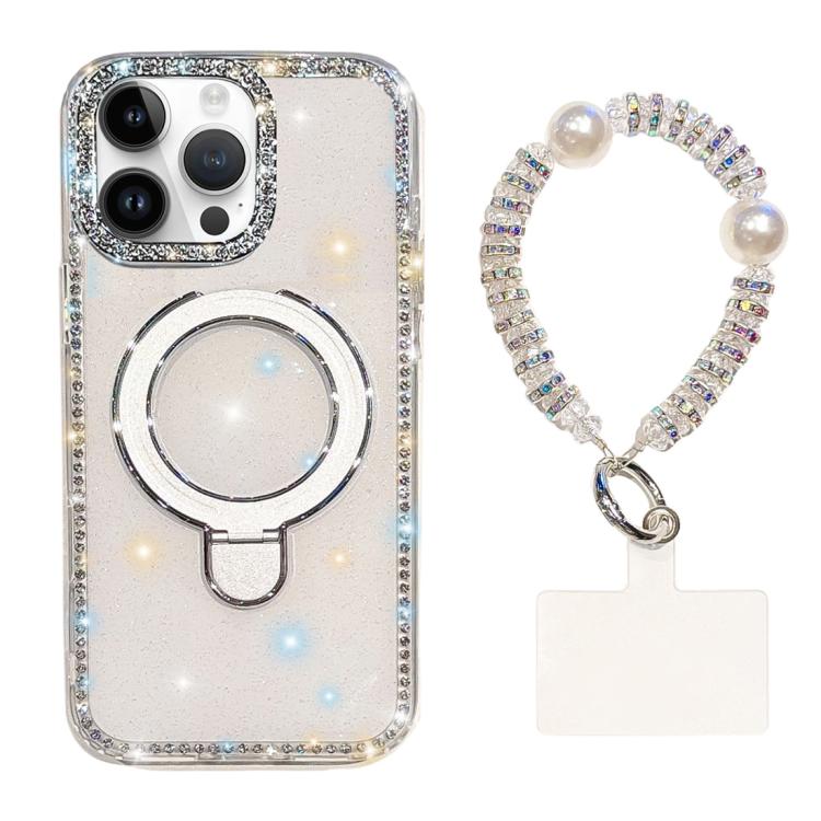 For iPhone 14 Pro Max Double-Sided IMD Rhinestone Magnetic Holder Shockproof Phone Case With Bracelet