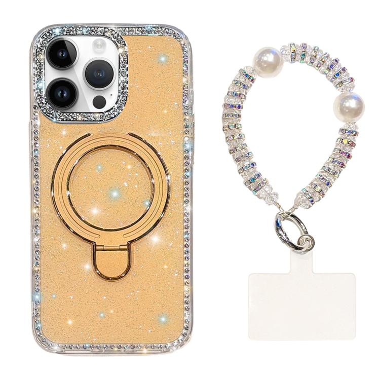 For iPhone 14 Pro Max Double-Sided IMD Rhinestone Magnetic Holder Shockproof Phone Case With Bracelet