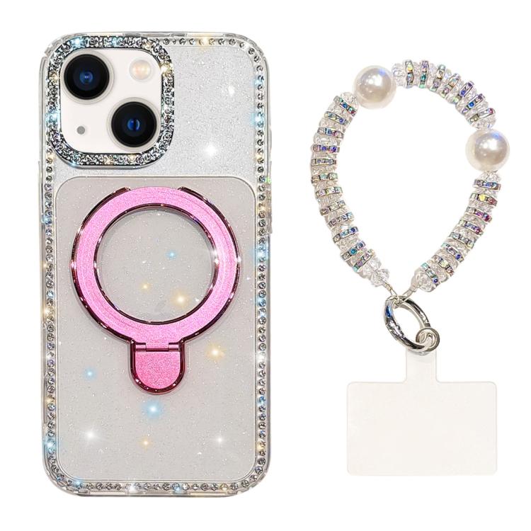 For iPhone 13 Double-Sided IMD Rhinestone Magnetic Holder Shockproof Phone Case With Bracelet