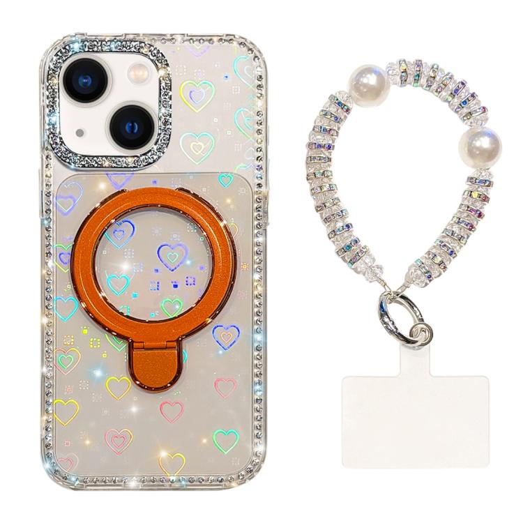 For iPhone 13 Double-Sided IMD Rhinestone Magnetic Holder Shockproof Phone Case With Bracelet