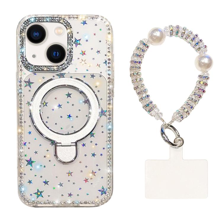 For iPhone 13 Double-Sided IMD Rhinestone Magnetic Holder Shockproof Phone Case With Bracelet
