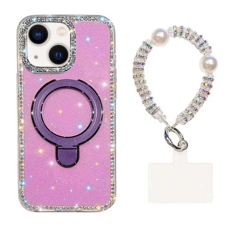 For iPhone 13 Double-Sided IMD Rhinestone Magnetic Holder Shockproof Phone Case With Bracelet