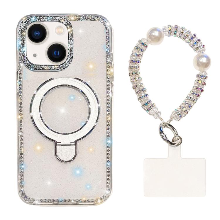 For iPhone 13 Double-Sided IMD Rhinestone Magnetic Holder Shockproof Phone Case With Bracelet