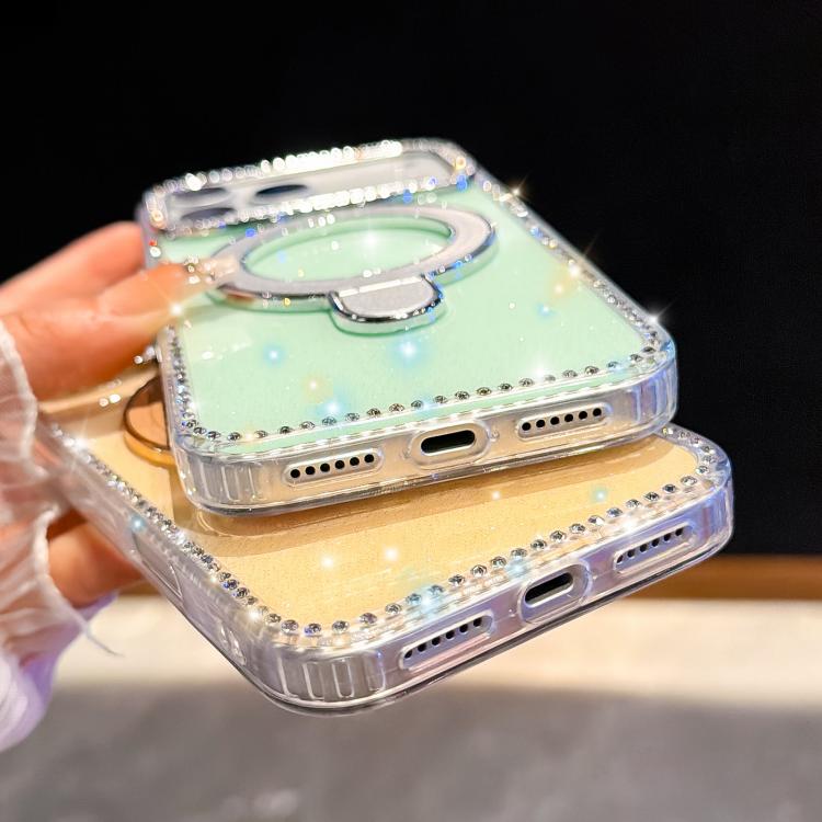 For iPhone 14 Double-Sided IMD Rhinestone Magnetic Holder Shockproof Phone Case With Bracelet