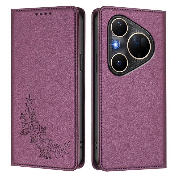 For Huawei Pura 80 Ultra 5G Peony Embossed Magnetic RFID Vegan Leather Phone Case