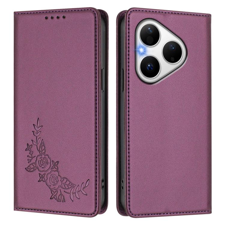 For Huawei Pura 80 5G Peony Embossed Magnetic RFID Vegan Leather Phone Case