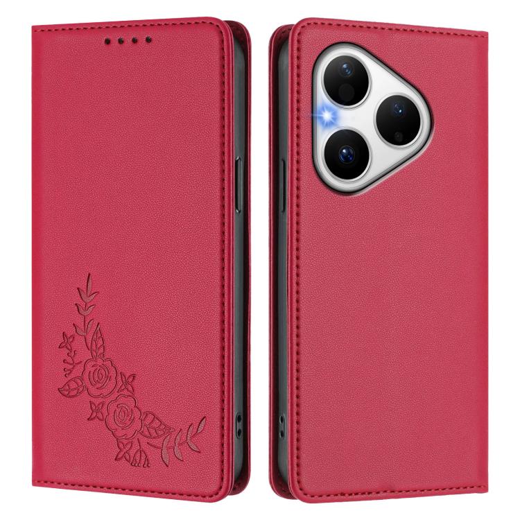 For Huawei Pura 80 5G Peony Embossed Magnetic RFID Vegan Leather Phone Case