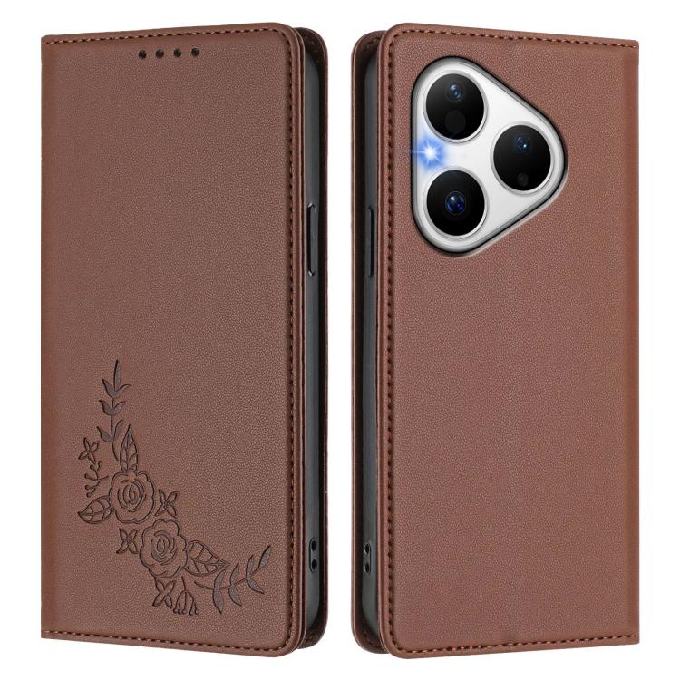 For Huawei Pura 80 5G Peony Embossed Magnetic RFID Vegan Leather Phone Case
