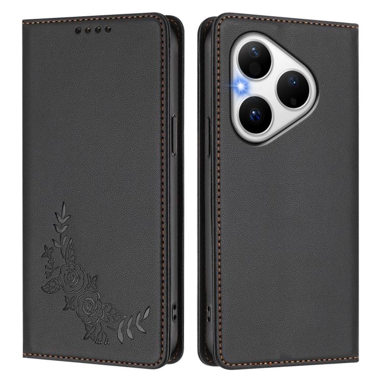 For Huawei Pura 80 5G Peony Embossed Magnetic RFID Vegan Leather Phone Case