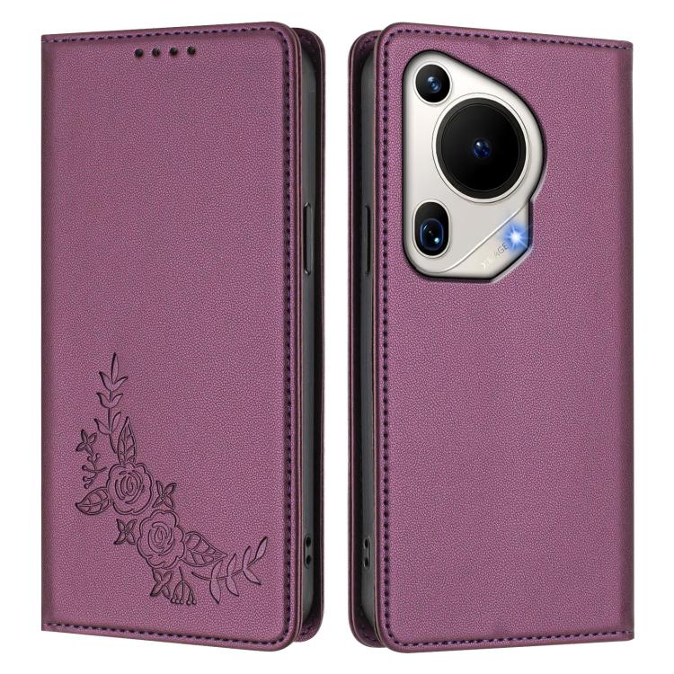 For Huawei Pura 70 Ultra Peony Embossed Magnetic RFID Vegan Leather Phone Case