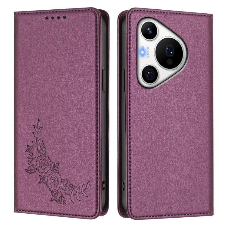 For Huawei Pura 70 Pro / Pura 70 Pro+ Peony Embossed Magnetic RFID Vegan Leather Phone Case