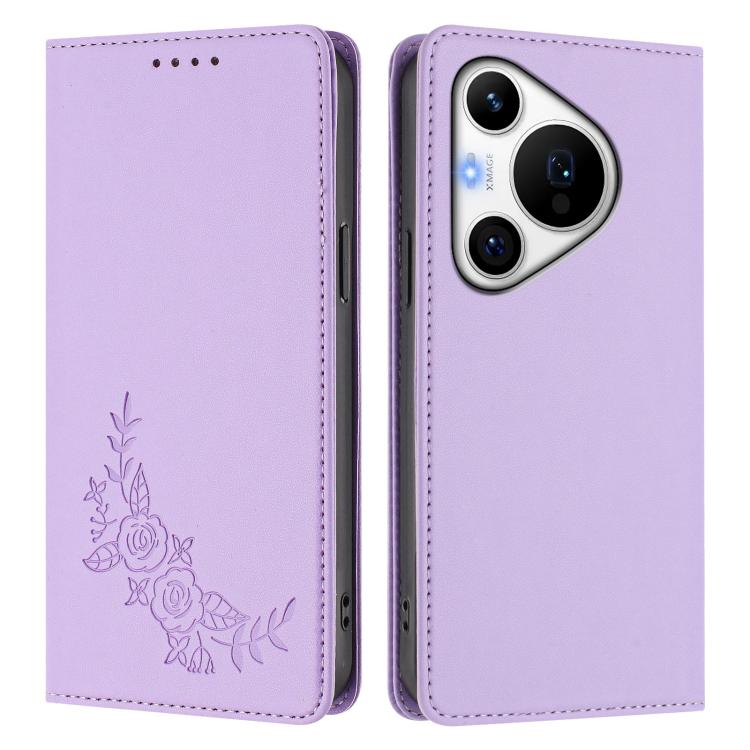 For Huawei Pura 70 Pro / Pura 70 Pro+ Peony Embossed Magnetic RFID Vegan Leather Phone Case