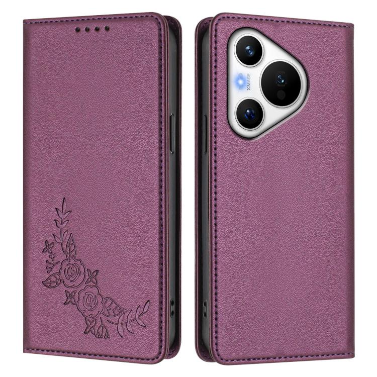 For Huawei Pura 70 Peony Embossed Magnetic RFID Vegan Leather Phone Case