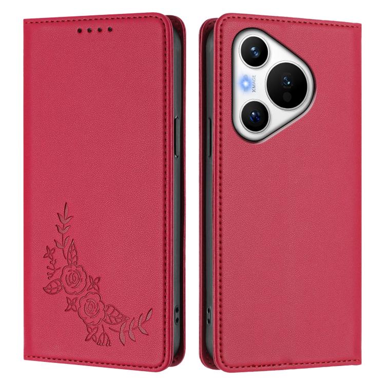 For Huawei Pura 70 Peony Embossed Magnetic RFID Vegan Leather Phone Case