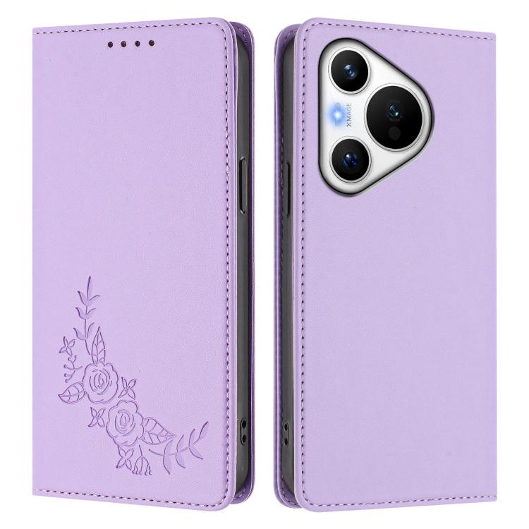 For Huawei Pura 70 Peony Embossed Magnetic RFID Vegan Leather Phone Case