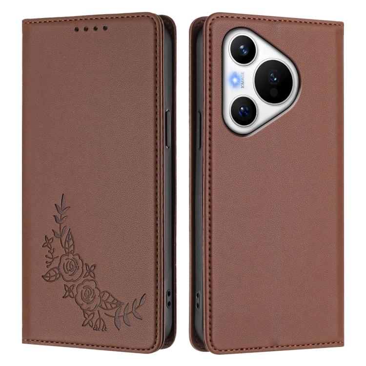 For Huawei Pura 70 Peony Embossed Magnetic RFID Vegan Leather Phone Case