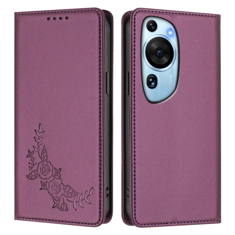 For Huawei P60 Art Peony Embossed Magnetic RFID Vegan Leather Phone Case