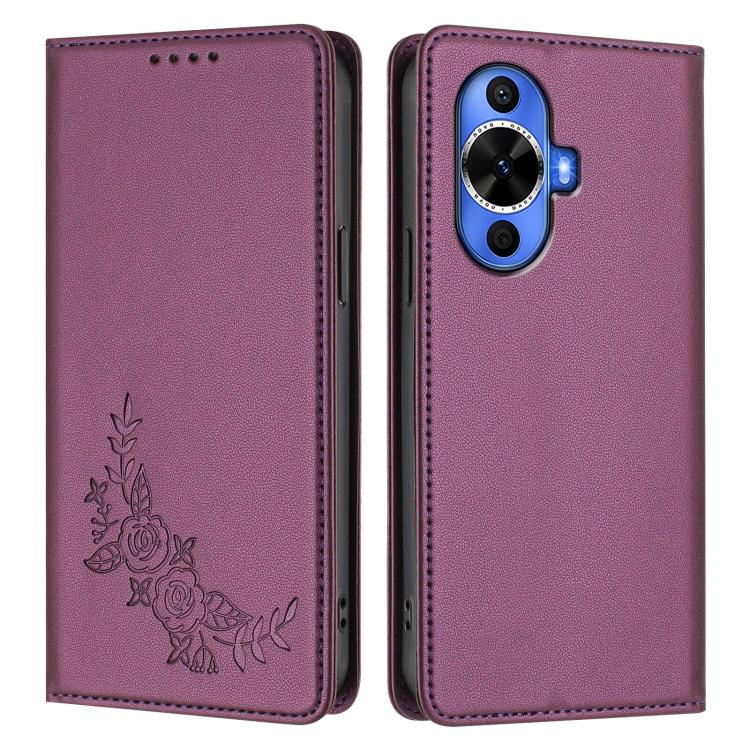 For Huawei nova 11 / nova 12s / nova 12 Lite Peony Embossed Magnetic RFID Vegan Leather Phone Case