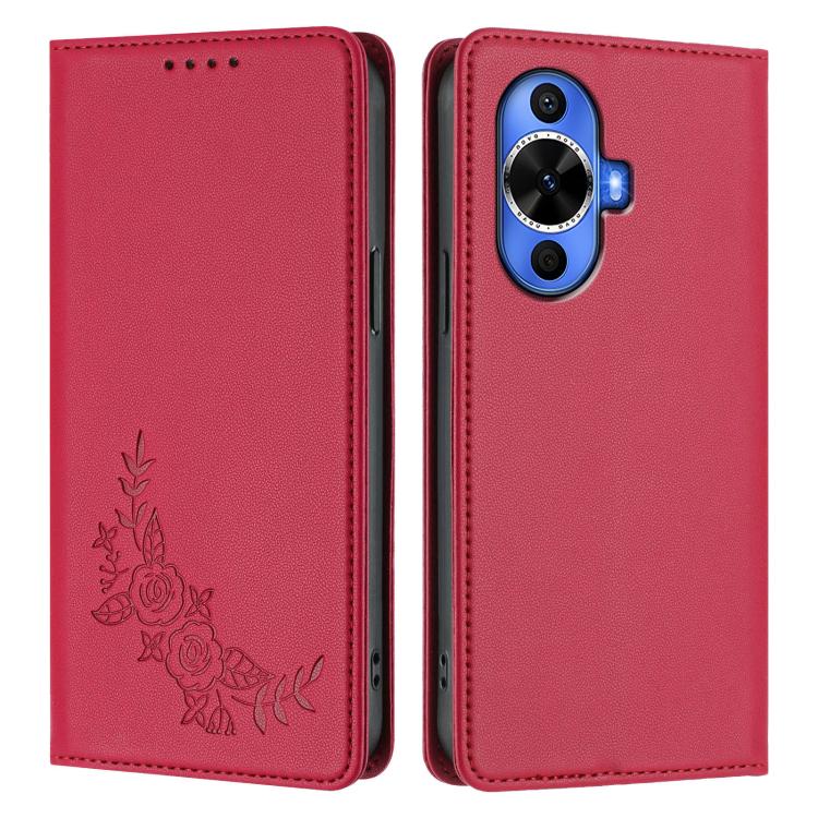 For Huawei nova 11 / nova 12s / nova 12 Lite Peony Embossed Magnetic RFID Vegan Leather Phone Case