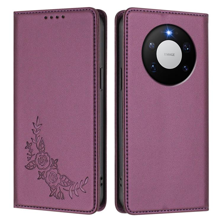 For Huawei Mate 80 / Mate 80 Pro Peony Embossed Magnetic RFID Vegan Leather Phone Case