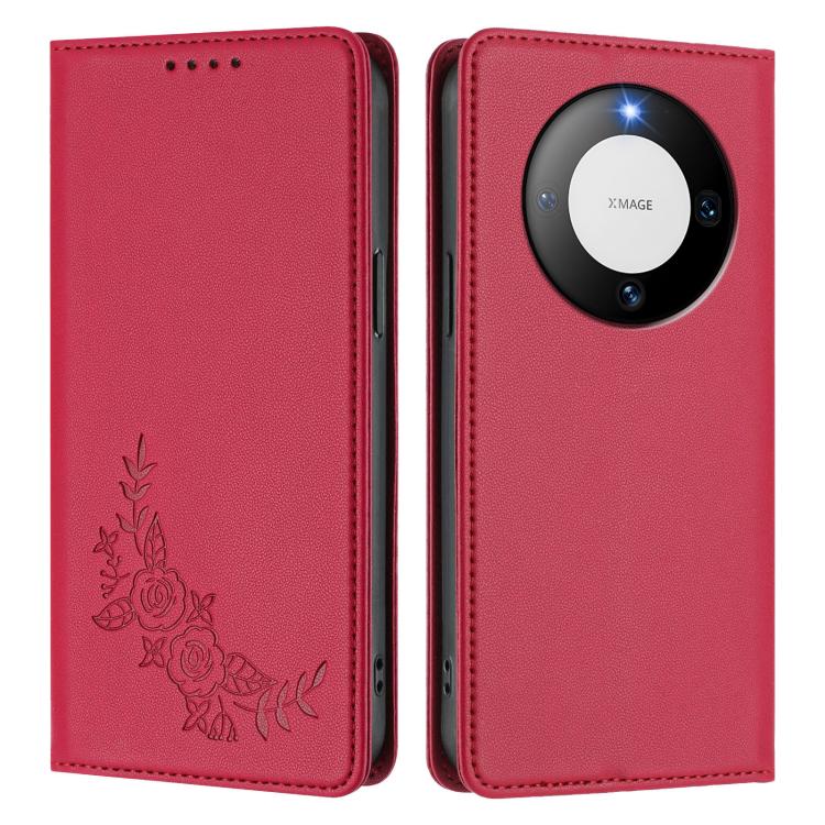 For Huawei Mate 60 Pro / Mate 60 Pro+ Peony Embossed Magnetic RFID Vegan Leather Phone Case