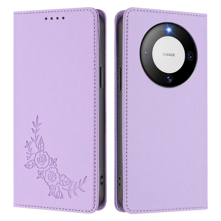 For Huawei Mate 60 Pro / Mate 60 Pro+ Peony Embossed Magnetic RFID Vegan Leather Phone Case