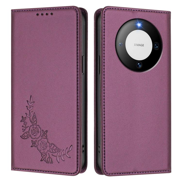 For Huawei Mate 60 Peony Embossed Magnetic RFID Vegan Leather Phone Case