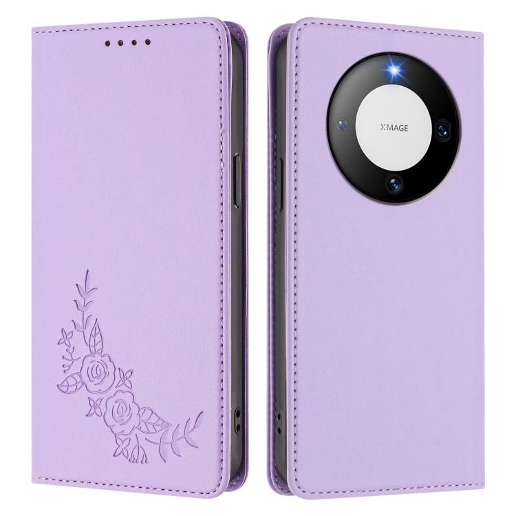 For Huawei Mate 60 Peony Embossed Magnetic RFID Vegan Leather Phone Case