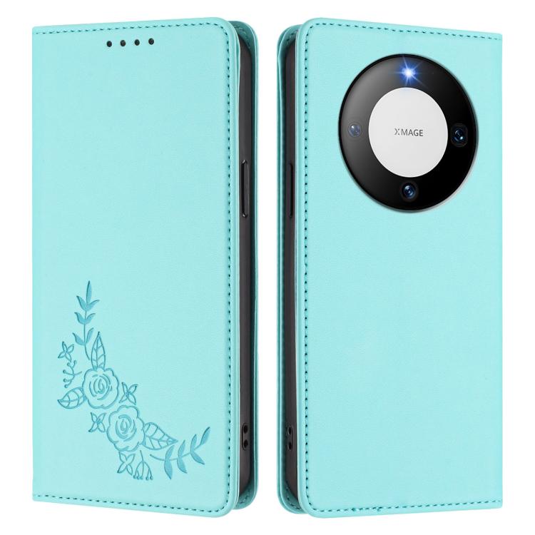 For Huawei Mate 60 Peony Embossed Magnetic RFID Vegan Leather Phone Case