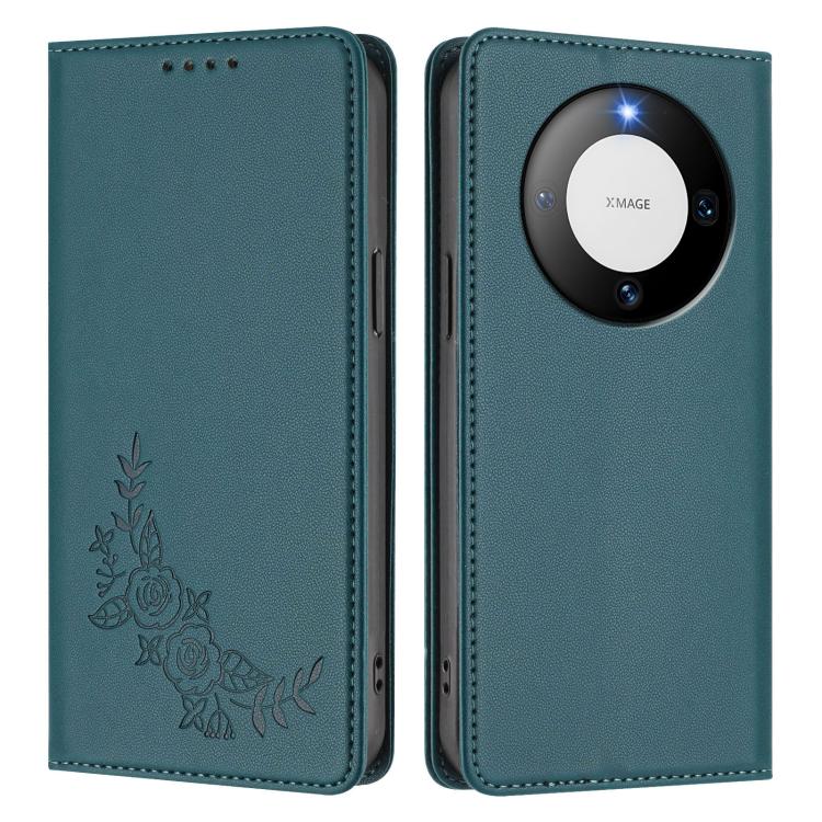 For Huawei Mate 60 Peony Embossed Magnetic RFID Vegan Leather Phone Case