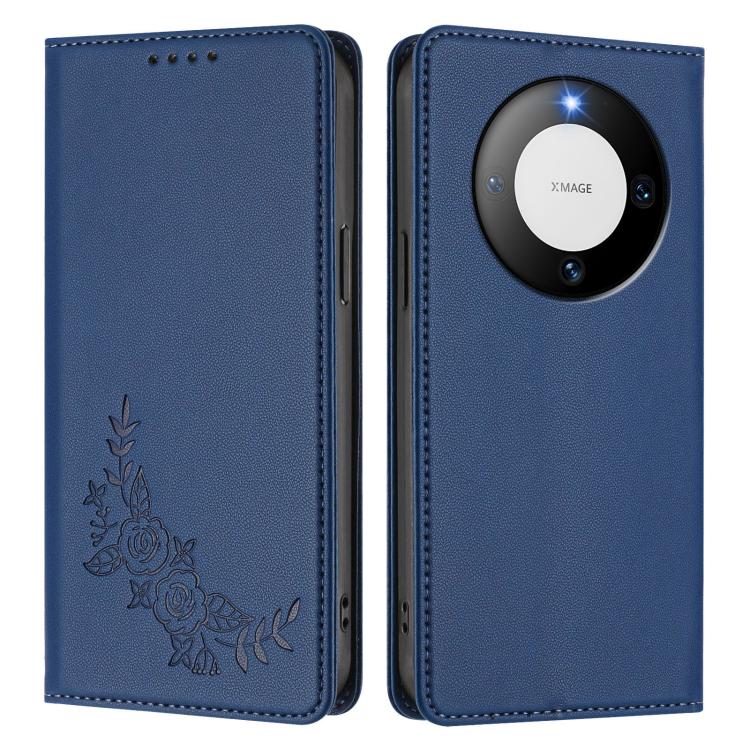For Huawei Mate 60 Peony Embossed Magnetic RFID Vegan Leather Phone Case