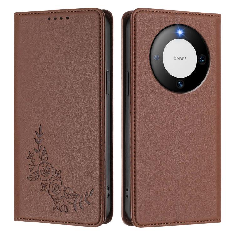 For Huawei Mate 60 Peony Embossed Magnetic RFID Vegan Leather Phone Case