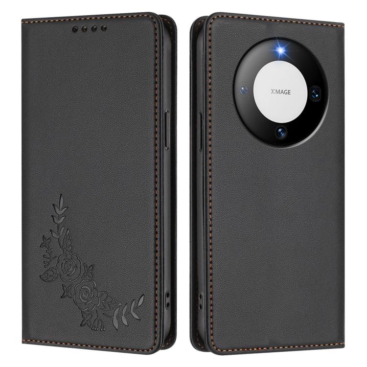 For Huawei Mate 60 Peony Embossed Magnetic RFID Vegan Leather Phone Case