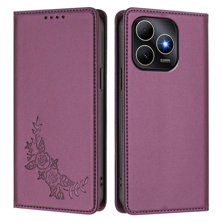 For Huawei Enjoy 80s Peony Embossed Magnetic RFID Vegan Leather Phone Case