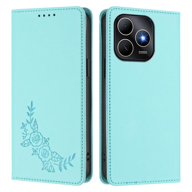 For Huawei Enjoy 80s Peony Embossed Magnetic RFID Vegan Leather Phone Case