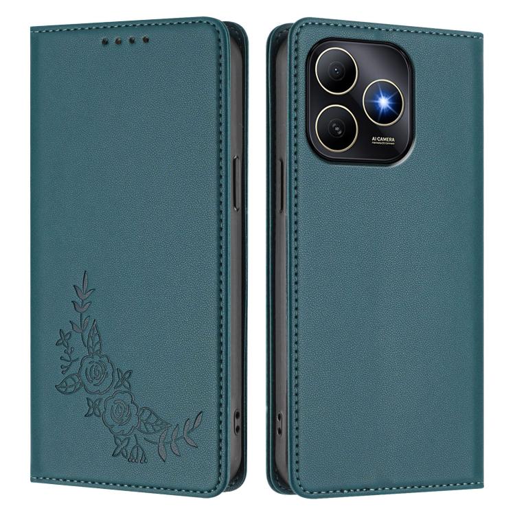 For Huawei Enjoy 80s Peony Embossed Magnetic RFID Vegan Leather Phone Case