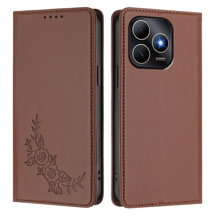 For Huawei Enjoy 80s Peony Embossed Magnetic RFID Vegan Leather Phone Case