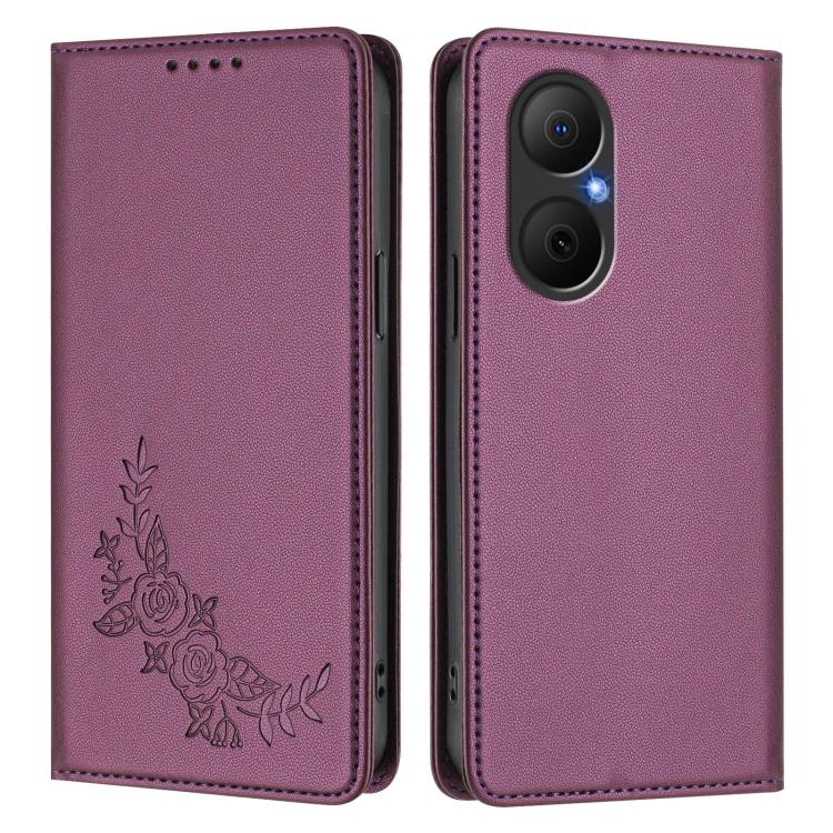 For Huawei Enjoy 80 / Nova Y73 Peony Embossed Magnetic RFID Vegan Leather Phone Case
