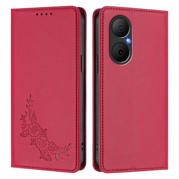 For Huawei Enjoy 80 / Nova Y73 Peony Embossed Magnetic RFID Vegan Leather Phone Case