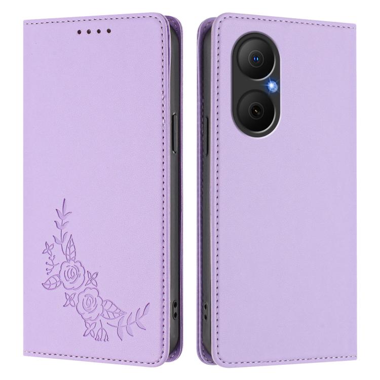 For Huawei Enjoy 80 / Nova Y73 Peony Embossed Magnetic RFID Vegan Leather Phone Case