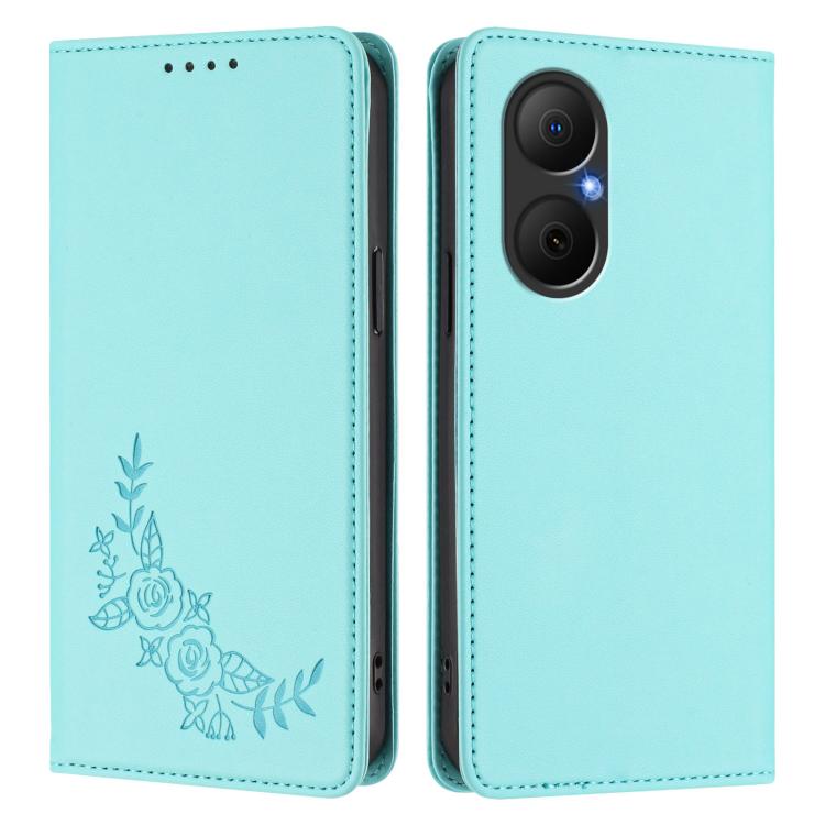 For Huawei Enjoy 80 / Nova Y73 Peony Embossed Magnetic RFID Vegan Leather Phone Case