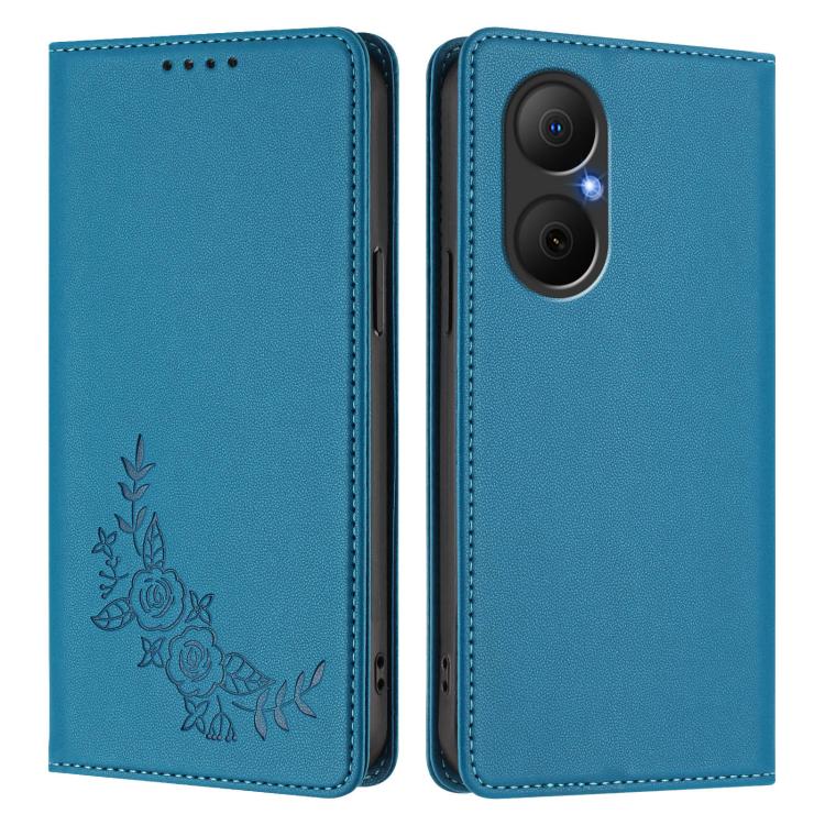 For Huawei Enjoy 80 / Nova Y73 Peony Embossed Magnetic RFID Vegan Leather Phone Case