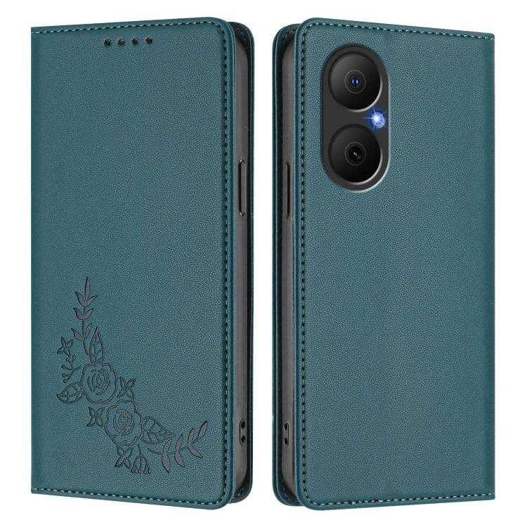 For Huawei Enjoy 80 / Nova Y73 Peony Embossed Magnetic RFID Vegan Leather Phone Case