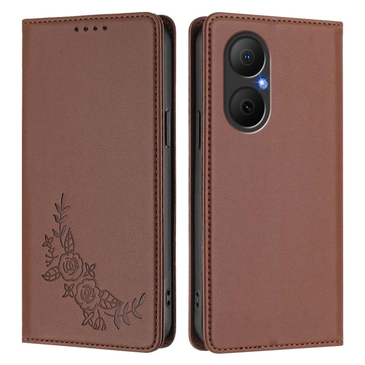 For Huawei Enjoy 80 / Nova Y73 Peony Embossed Magnetic RFID Vegan Leather Phone Case