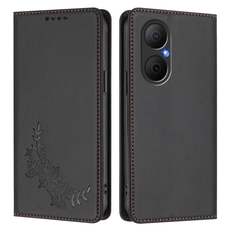 For Huawei Enjoy 80 / Nova Y73 Peony Embossed Magnetic RFID Vegan Leather Phone Case