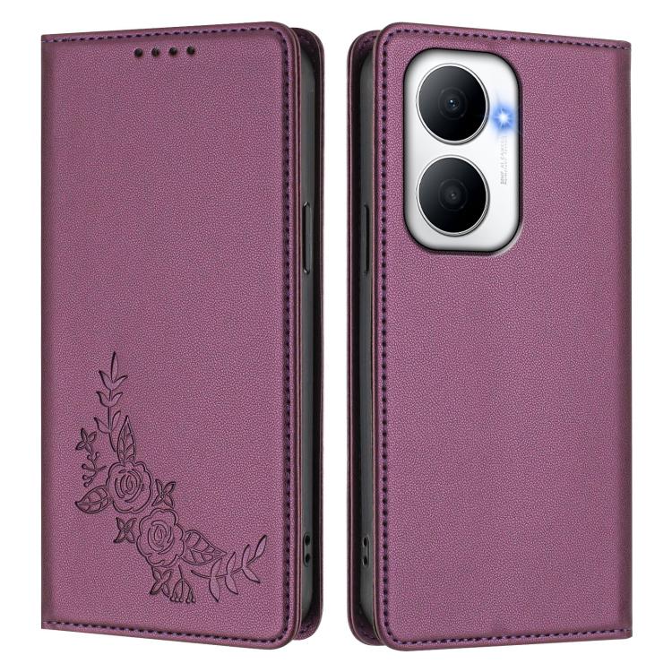 For Huawei Enjoy 80 Plus Peony Embossed Magnetic RFID Vegan Leather Phone Case