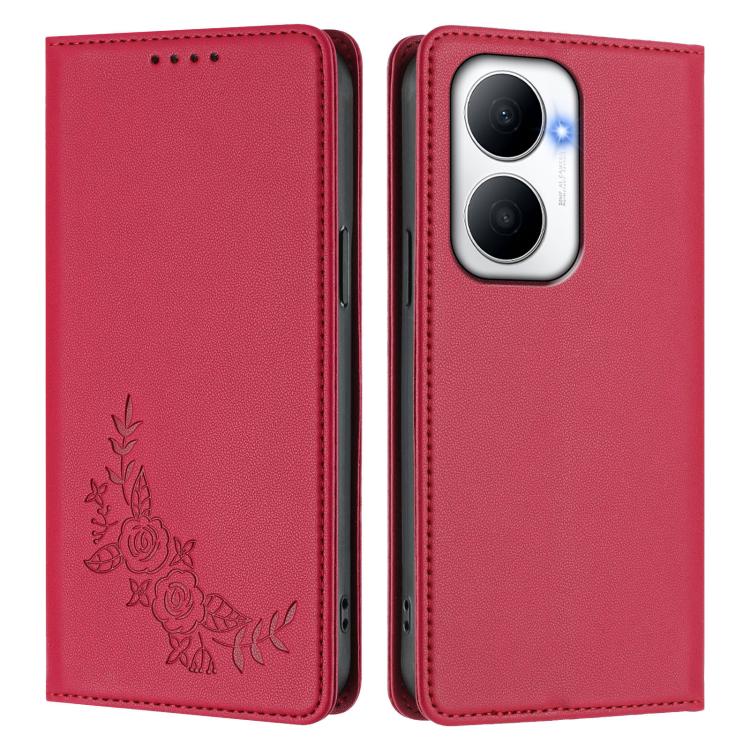 For Huawei Enjoy 80 Plus Peony Embossed Magnetic RFID Vegan Leather Phone Case