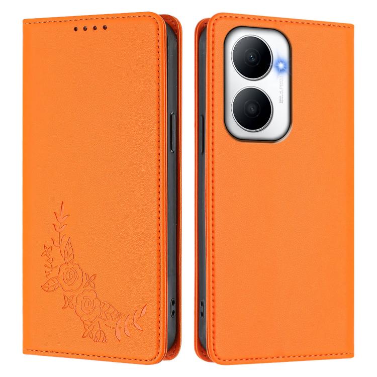 For Huawei Enjoy 80 Plus Peony Embossed Magnetic RFID Vegan Leather Phone Case