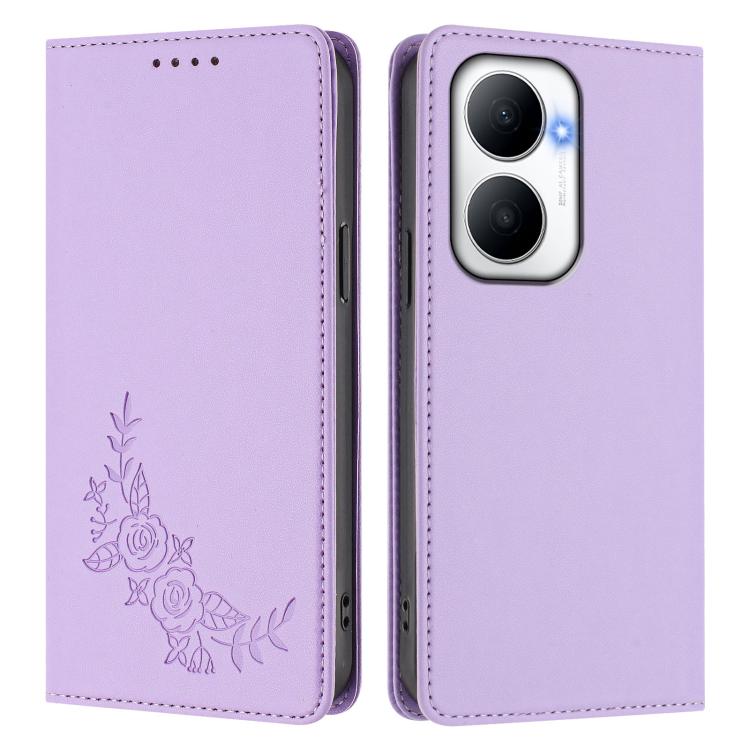 For Huawei Enjoy 80 Plus Peony Embossed Magnetic RFID Vegan Leather Phone Case