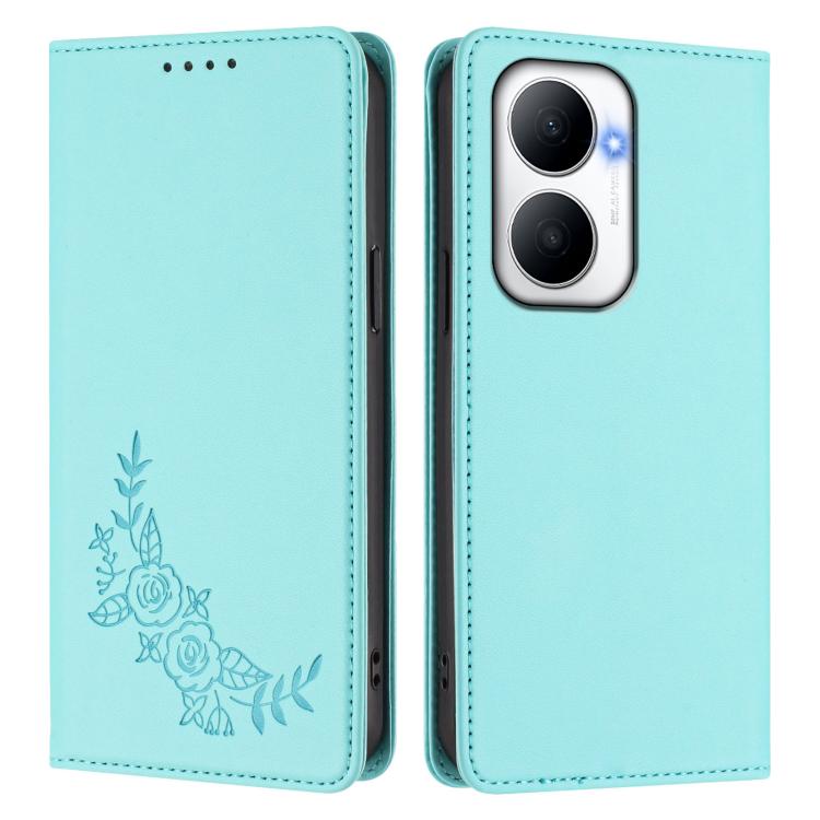 For Huawei Enjoy 80 Plus Peony Embossed Magnetic RFID Vegan Leather Phone Case